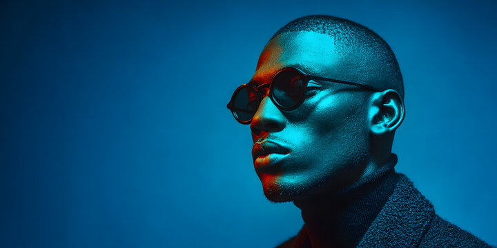Stylish young man wearing sunglasses and a black turtleneck poses confidently in dramatic lighting against a bold blue background.

