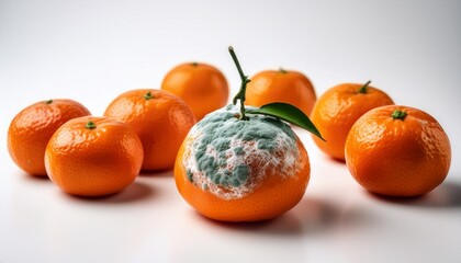 spoiled tangerine with mold among fresh tangerines on a white background
