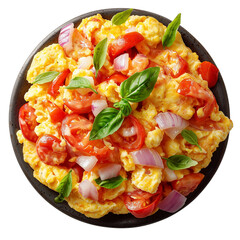 Scrambled eggs with tomatoes and basil kitchen food photography bright environment close-up culinary delight