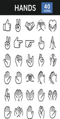 Hands Icons Pack &ndash; Thumbs Up, Peace Sign, Handshake, Heart Hands, Pointing, Clapping, Praying, Rock Sign, Gestures, Outline Vector Symbol Set