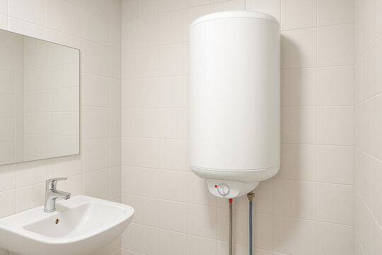 White water heater and sink mounted in tiled bathroom with mirror on wall.
