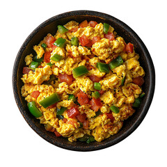 Scrambled eggs with vegetables home kitchen food dish bright and colorful top-down view healthy breakfast concept