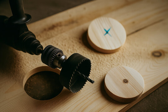 A hole saw drill cutting round wooden discs from a plank, with two finished pieces and a drilled hole nearby.