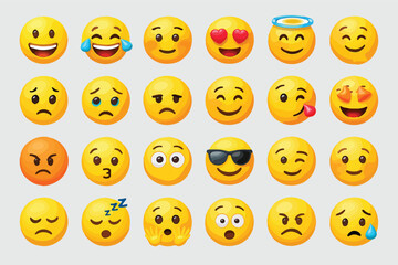Obraz premium 25 Emoji Icons Pack – Smileys, Emoticons, Expressions, Faces, Reactions, Laugh, Love, Angry, Crying, Cool, Sleepy, Shocked, Happy, Sad, Cartoon Stickers