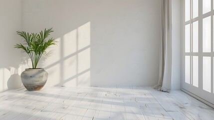 Bright White Empty Room Plant Window Shadows Minimalist Interior