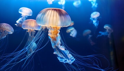 Naklejka premium luminous jellyfish drift in deep blue water their tentacles trailing elegantly a captivating underwater scene with soft warm tones