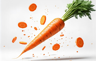 Falling Carrot slice  and a complete carrot isolated on white background 