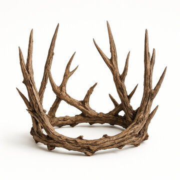 Brown antler crown made from driftwood snag with sharp curved spikes isolated on white background.