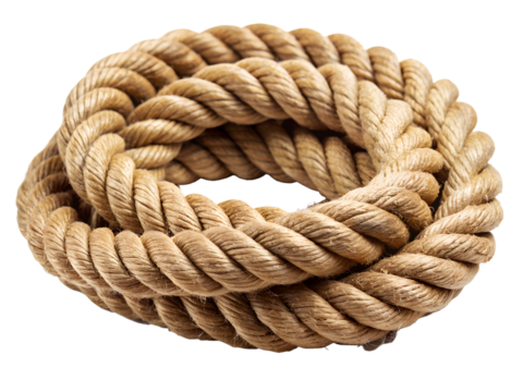 Thick natural fiber rope coiled isolated on transparent background