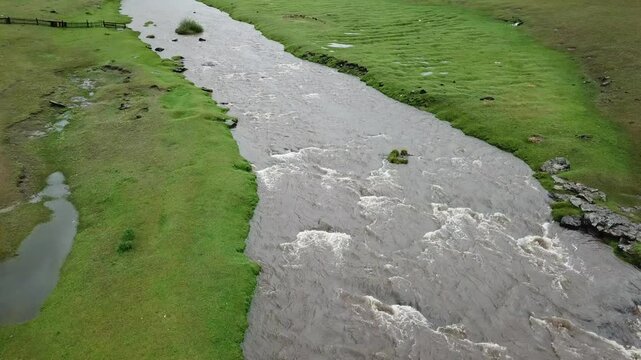 Aerial view of a small river in the Orkhon valley in Mongolia.