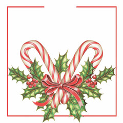 Candy canes and holly leaves with red ribbon in frame. Christmas decoration concept.
