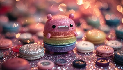 Fototapeta premium Sparkling rainbow monster character surrounded by glittering macarons and buttons, perfect for fun designs