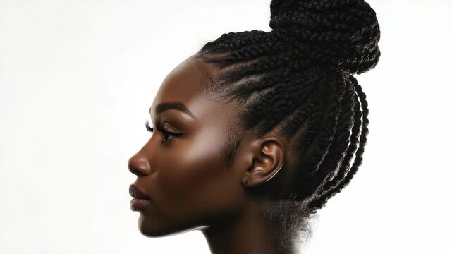 A contemplative African American woman with high cheekbones and a bald head, wearing earrings. The portrait has a serene expression and is taken in studio lighting against a minimalistic background.