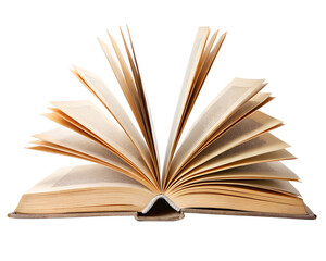 Fototapeta premium An old, open book with yellowed pages fanned out, representing knowledge and learning, isolated on transparent background