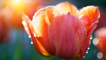 close up of dewy tulip petals in morning sunlight