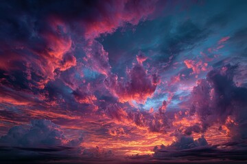 Fototapeta premium Majestic skies present a breathtaking view of fluffy clouds illuminated by the warm glow of the setting Sun during twilight hours, creating a beautiful skyscape