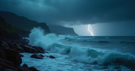 Obraz premium Dramatic Coastal Lightning Storm With Crashing Waves at Night