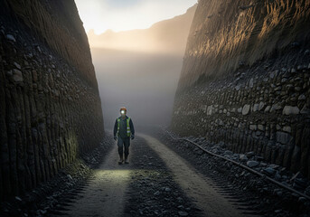 Lone miner or worker in a reflective vest and hard hat walking with a headlamp through a narrow, foggy trench, symbolizing industry, risk, and determination.