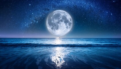 captivating night scene with full moon over ocean waves and starry sky illuminating the tranquil waters and reflecting the beauty of nature s nighttime splendor