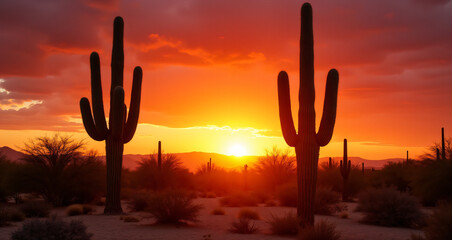 Vivid Desert Landscape With Sunset Behind Cactus Against Vibrant Orange Sky