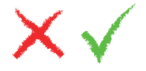 Hand drawn of Green check mark and Red cross isolated. Right and wrong icon. Vector illustration.