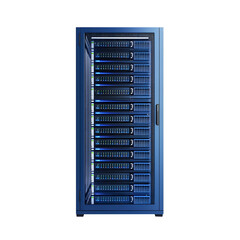 Blue server rack against black background illustrating data center infrastructure