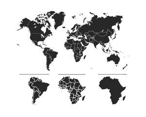 World Map with Continents Detailed Black and White Illustration
