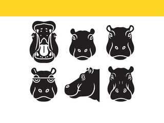 Set of six black hippopotamus head icons showing different expressions and angles, including profile and open mouth vector illustrations.
