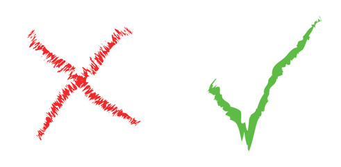 Hand drawn of Green check mark and Red cross isolated. Right and wrong icon. Vector illustration.