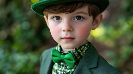 A little boy dressed in a traditional Saint Patrick's Day costume, featuring green attire with a hat and bowtie.