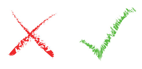Hand drawn of Green check mark and Red cross isolated. Right and wrong icon. Vector illustration.