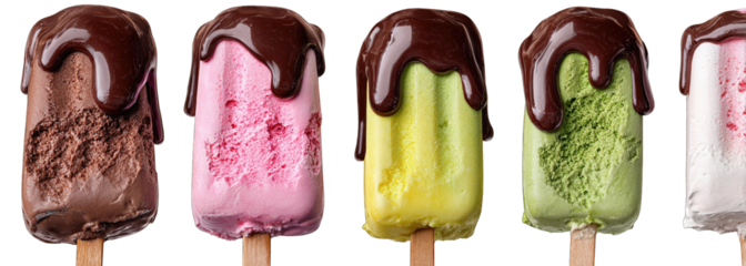 Four colorful ice pops drizzled with melted chocolate