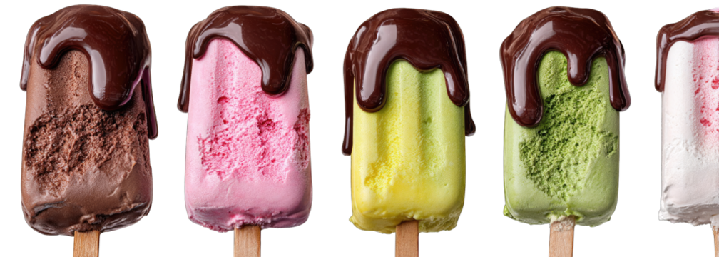 Four colorful ice pops drizzled with melted chocolate