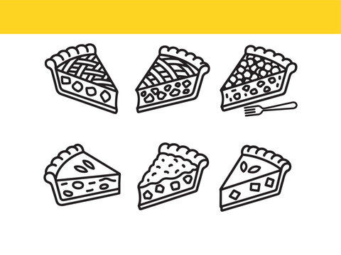 A collection of hand-drawn pie slice icons in a simple black and white line art style, featuring assorted fruit fillings and lattice crusts for bakery or dessert themes.