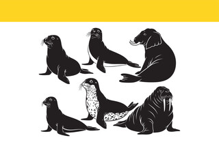 Collection of arctic wildlife illustrations featuring various seal species and walrus figures in a bold black silhouette style
