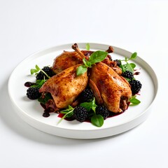 Exquisite roasted quail with blackberries and microgreens gourmet presentation on white background