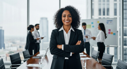 A confident, smiling businesswoman with arms crossed stands at the head of a conference table while her team works in a modern, sunlit office.