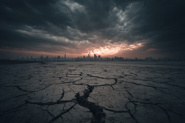 A cracked, dry wasteland with the ruins of a destroyed city in the background, Cinematic Climate Crisis Visual, Conceptual Environmental