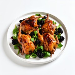 Fototapeta premium Roasted quail arrangement with blackberries and greens presented appetizingly on white background