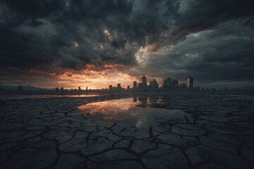 A cracked, dry wasteland with the ruins of a destroyed city in the background, Cinematic Climate Crisis Visual, Conceptual Environmental