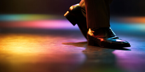 Tap Dancer's Feet Clicking Heels on Polished Stage with Colorful Spotlights
