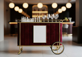 A luxurious bar cart with a blank menu frame and elegant glassware stands in a high-end bar lounge, ready for brand or drink service promotion.