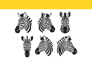 Fototapeta premium A diverse collection of six stylized zebra head illustrations, perfect for logos, icons, and graphic design elements.