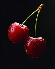 Two fresh cherries, suspended in the air, against a black background