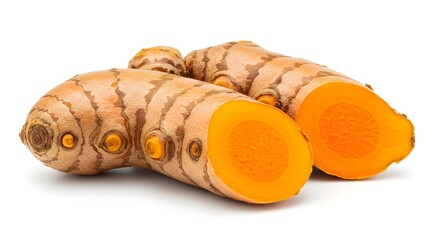 Close up of turmeric roots on a white background with one root cut in half revealing the orange flesh ai generative