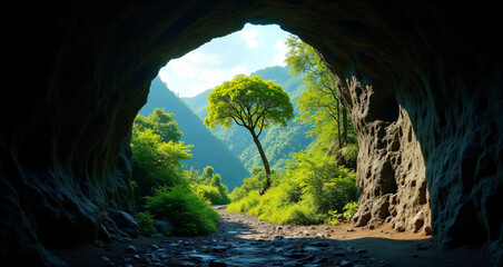 View From a Cave Opening of a Lush Green Forest Landscape