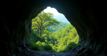 View From a Cave Opening of a Lush Green Forest Landscape