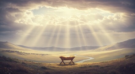 Soft rays of light descending from parted clouds onto a lone man standing still, evoking a sense of divine connection, peace, and quiet spiritual revelation.

