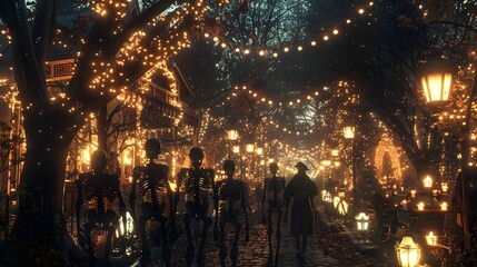 Naklejka premium Magical Halloween Night Skeleton Procession