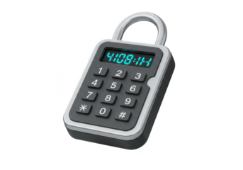 Photo of a digital padlock with a keypad and display is isolated on transparent background